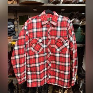 Vintage 1970s Bar-M Rancher Red Plaid, Quilted Lining Western Snap Button Shirt